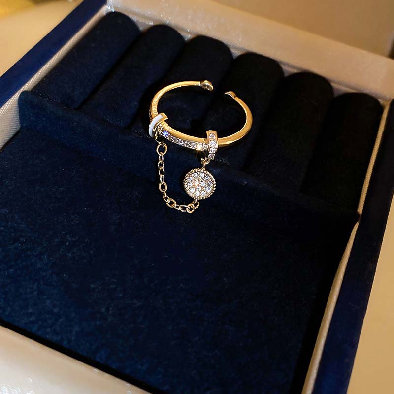 Zircon Diamond Round Chain Tassel Real Gold-plated Ring Niche Light Luxury High-