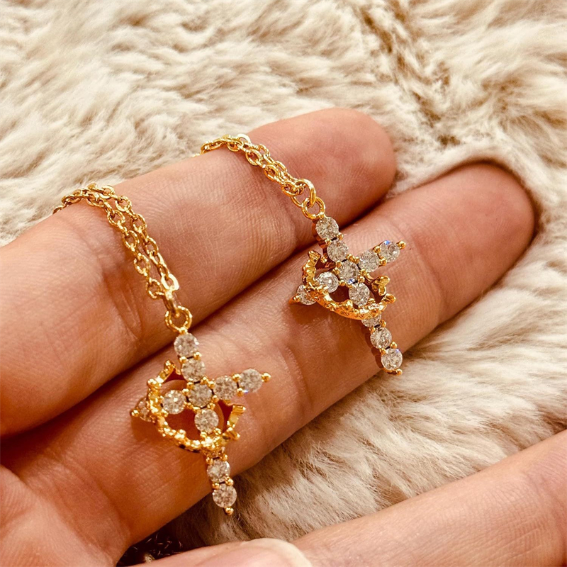 Rotatable Crown Cross Pendant Necklace For Women Shiny Rhinestone Stainless Stee