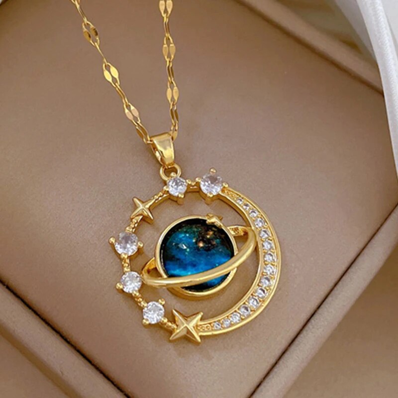 Light Luxury Titanium Steel Star Series Necklace for Women Gold Color Planet Moo