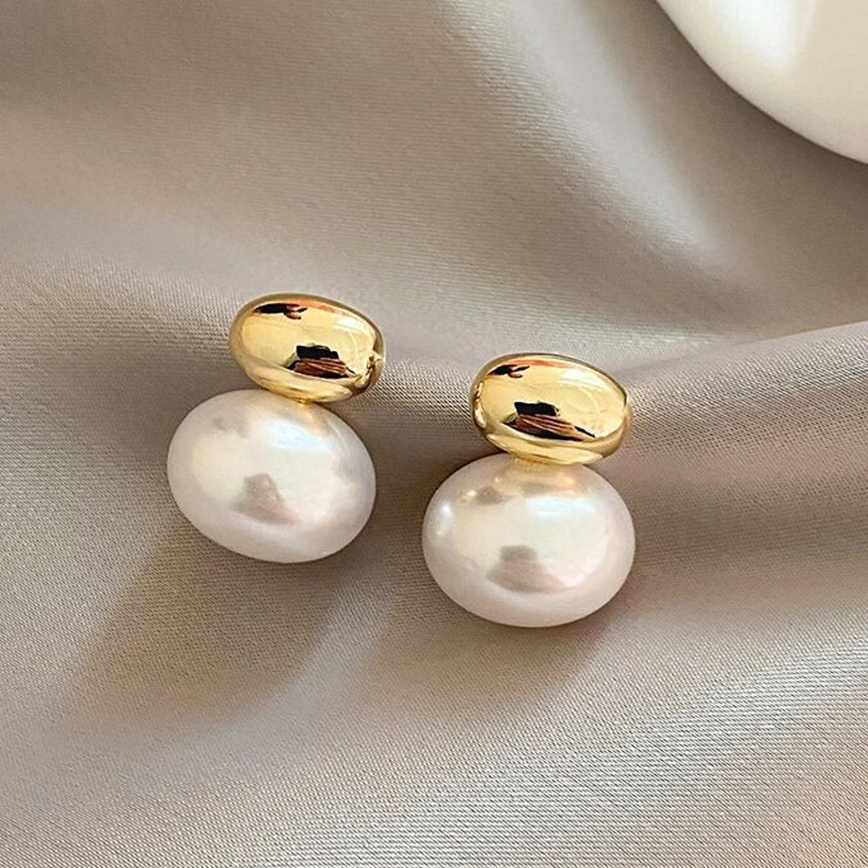 Yupsk French Gold Color Bean Spliced Flat Pearl Earring for Women Korean Fashion