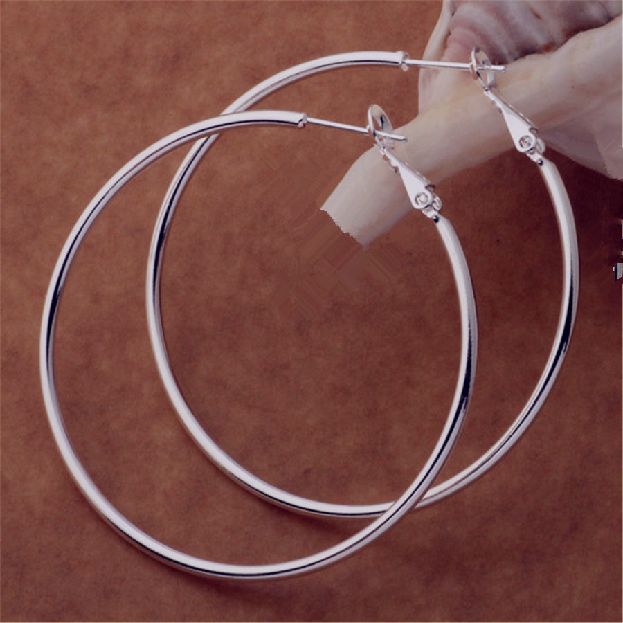 925 Sterling Silver Women's 50/60/70/80MM Round Big Hoop Earrings Wedding Fashio
