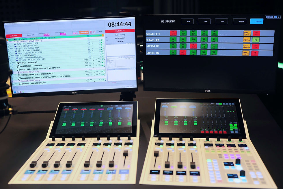 Monitors display a clear overview of multiple audio channels in a digital audio control room.
