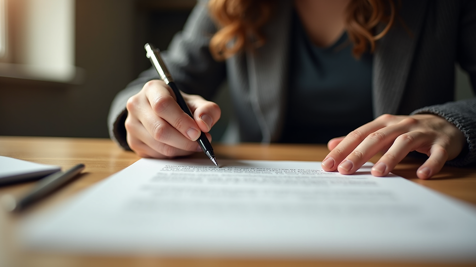 Eye-level view of a person writing a will at a wooden desk with natural light