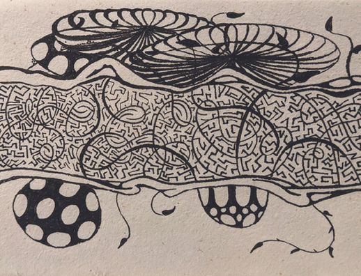 Abstract ink drawing: maze-like forms, dotted spheres, organic lines