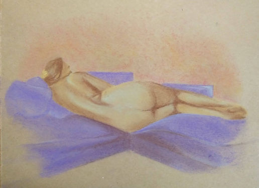 figure drawing of a naked woman reclined across the corner of an L-shaped couch, facing away from the viewer