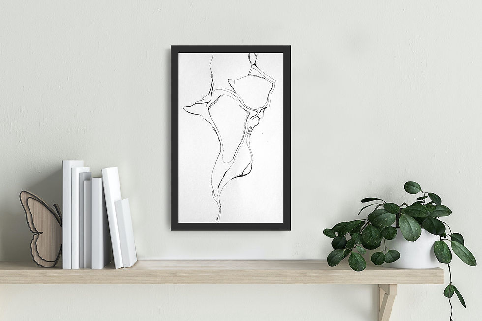 Framed black and white lined drawing
