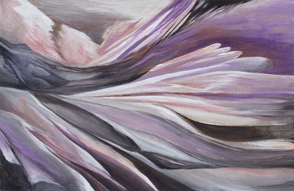 Abstract painting: swirling purples, pinks, and grays