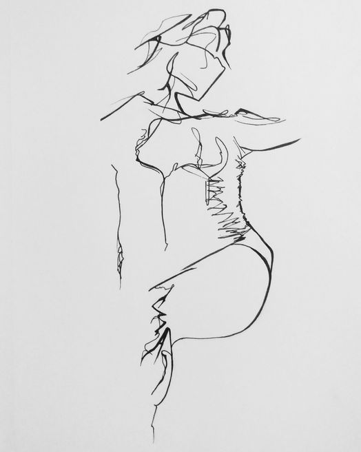 sketchy line drawing of a woman's head and torso
