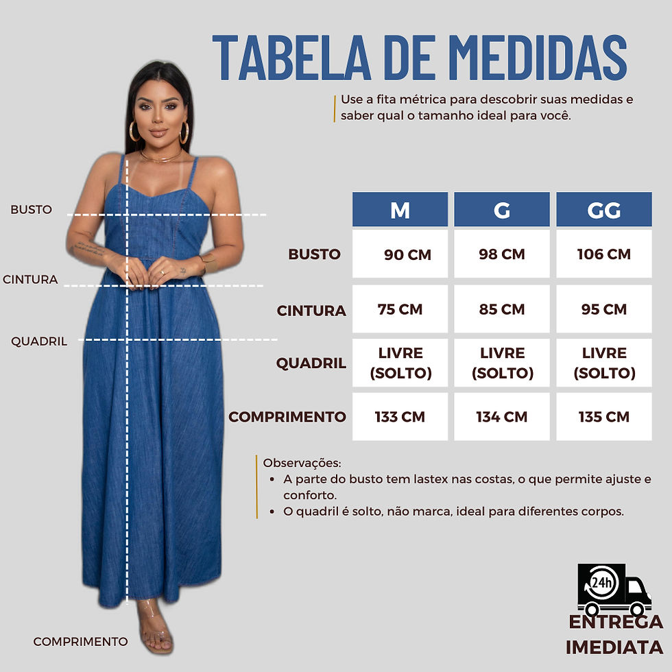 Miniatura: Tabela de medidas do vestido longo jeans feminino nos tamanhos M, G e GG.