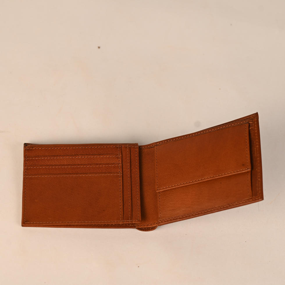Brown leather wallet open; visible interior and design. Wallet - FT-WAL-0030