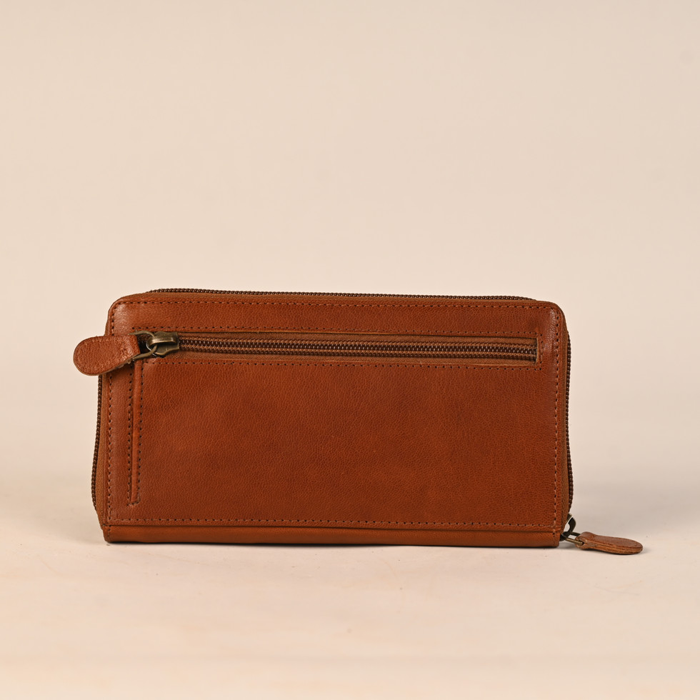 Brown leather wallet with zipper, perfect for card holder and Feather Touch Impex Pvt. Ltd.