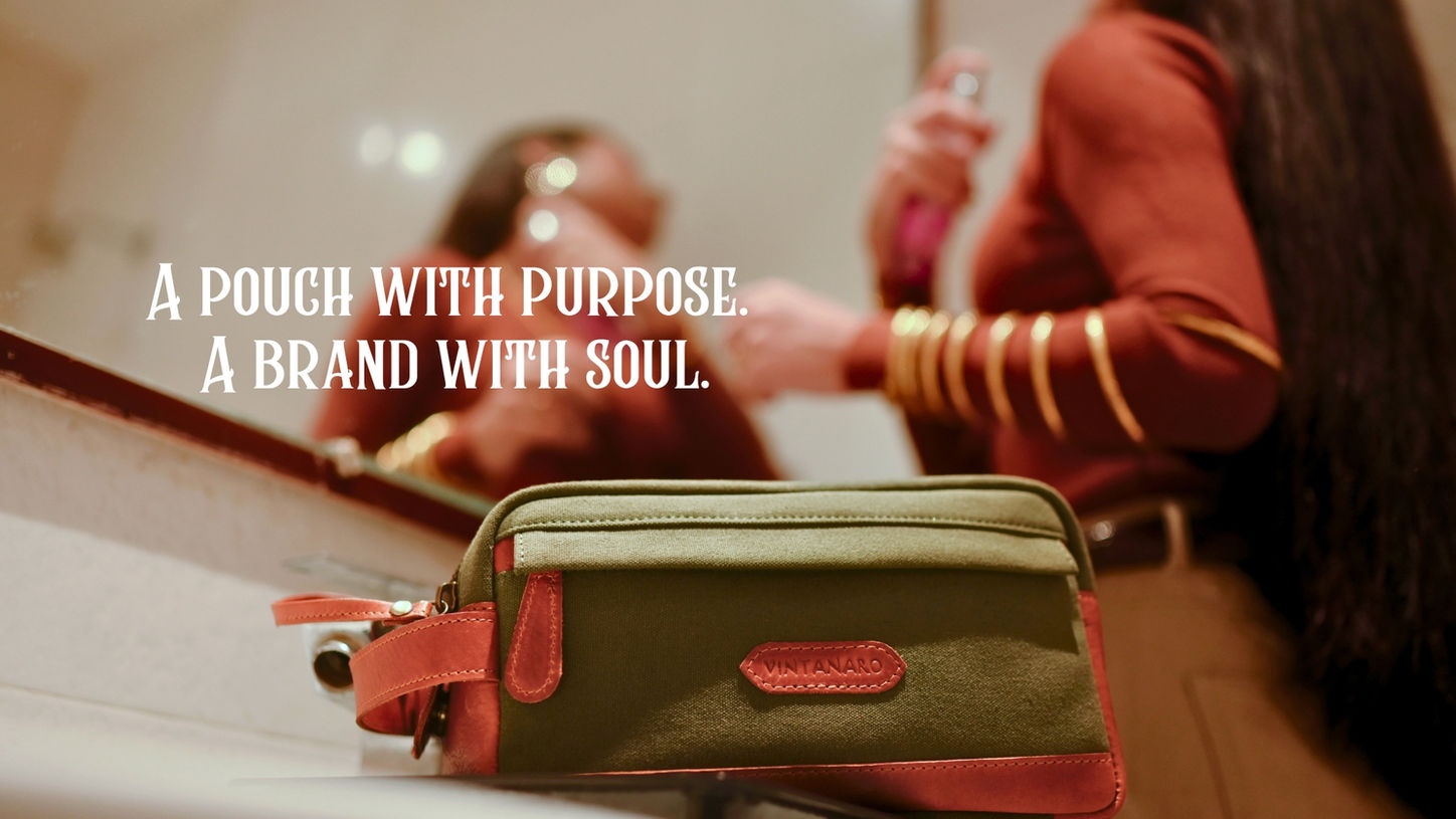 Pouch with Purpose, A Brand with Soul text next to a vintage leather bag