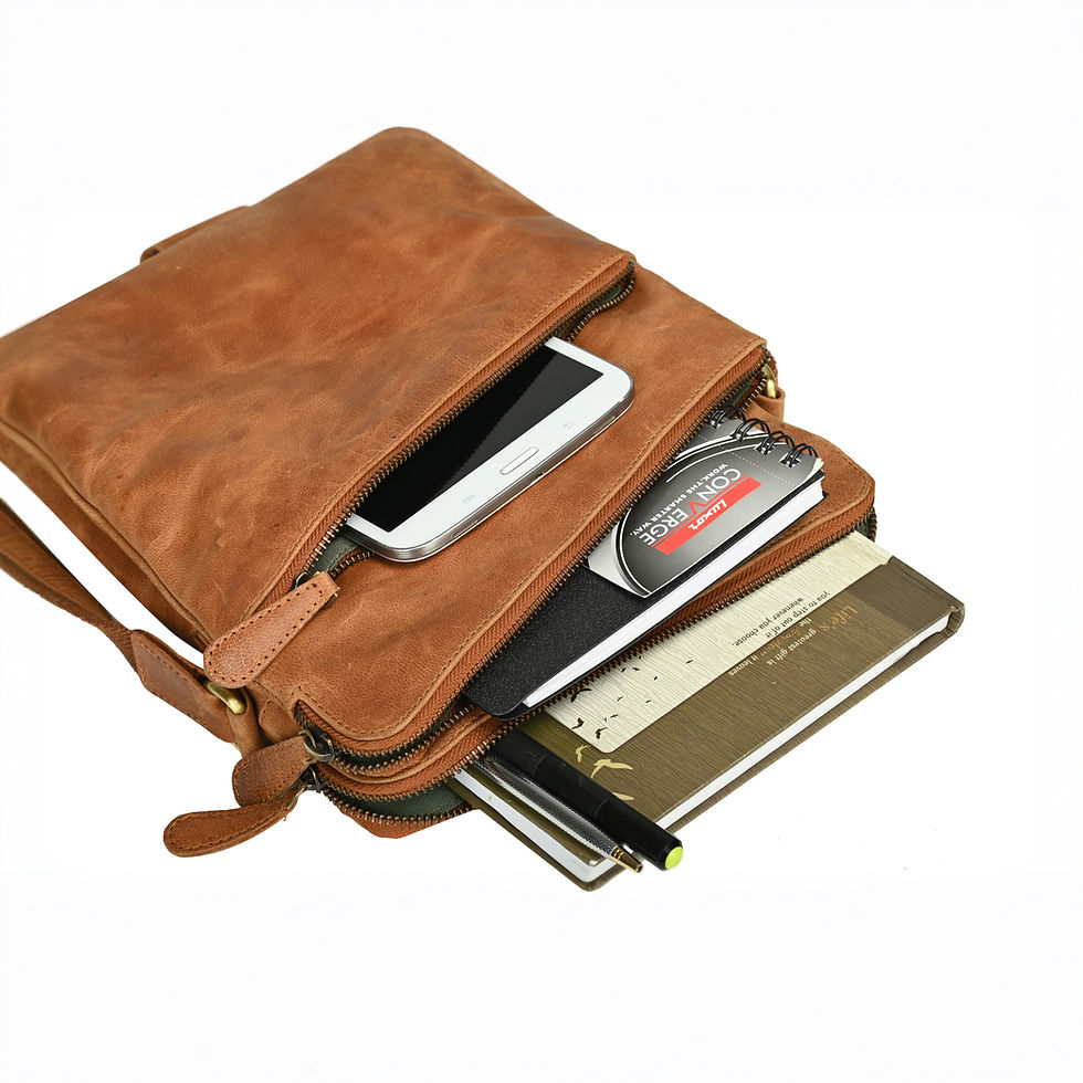 Brown leather bag with visible items, phone, and notebooks; Feather Touch Impex Pvt. Ltd.