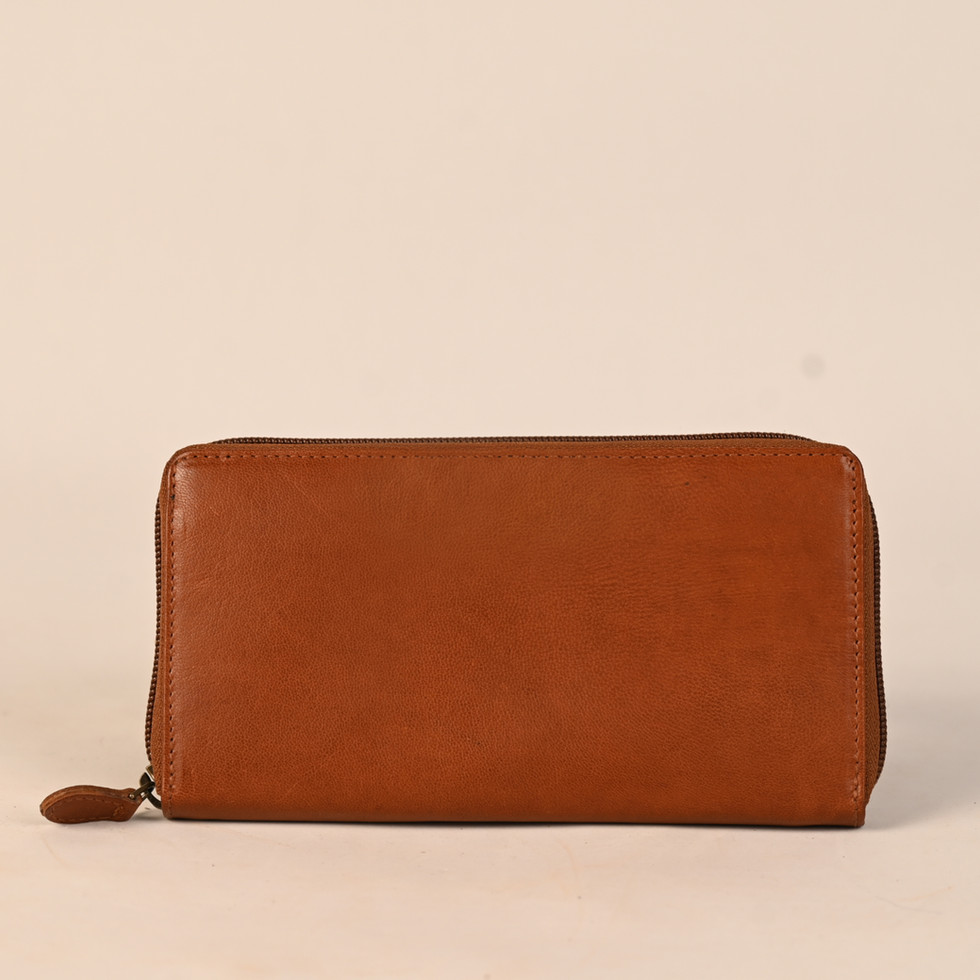 Brown leather wallet with zipper detail, product, and minimalist background.