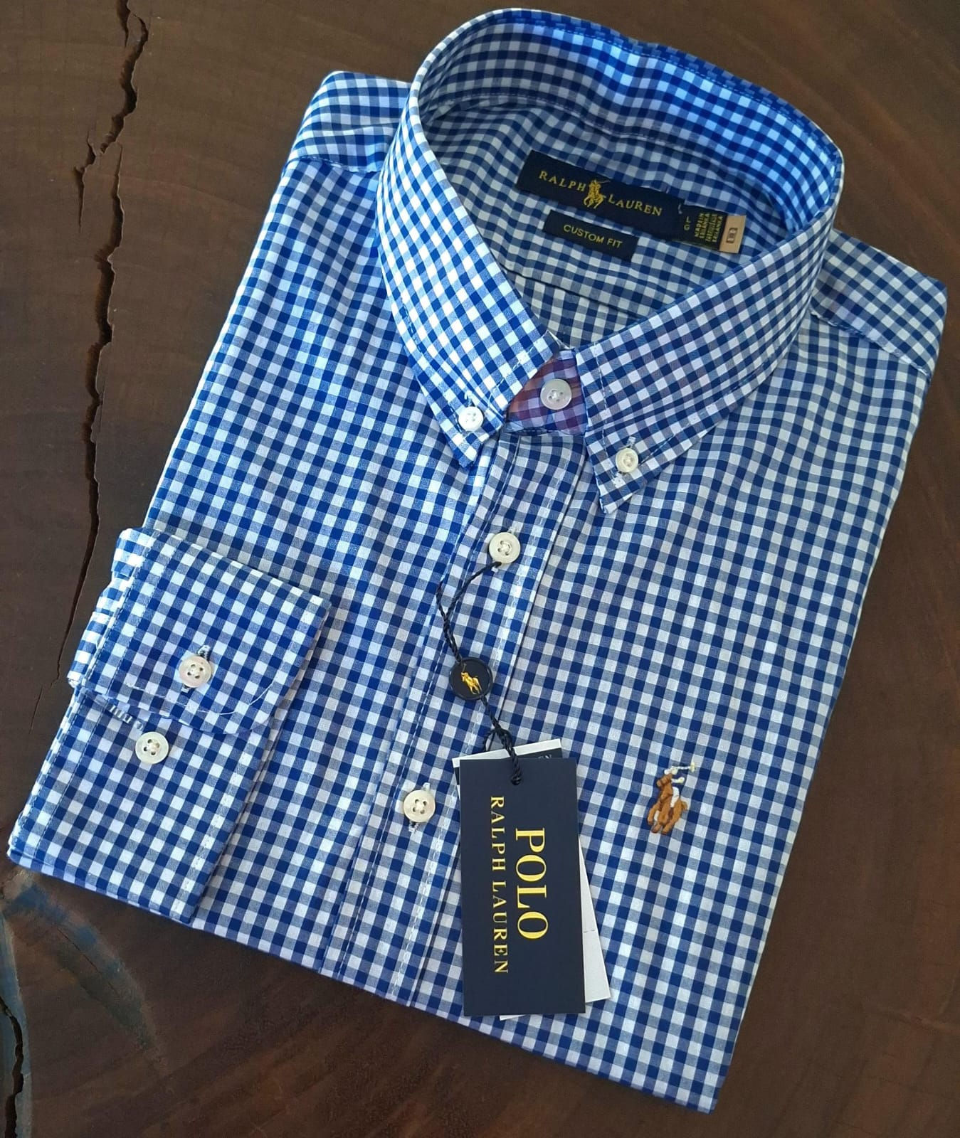 Camisa Ralph Lauren masculina manga longa micro xadrez azul escuro e branco.