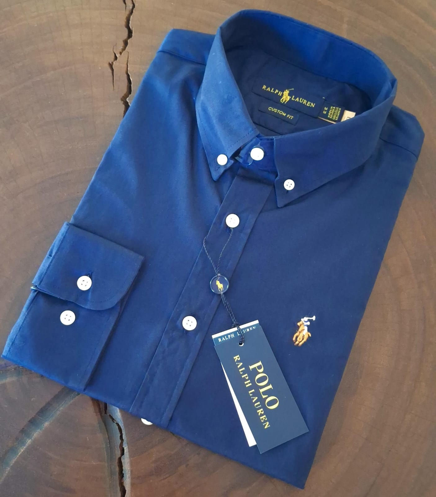 Camisa Ralph Lauren masculina manga longa lisa azul marinho.