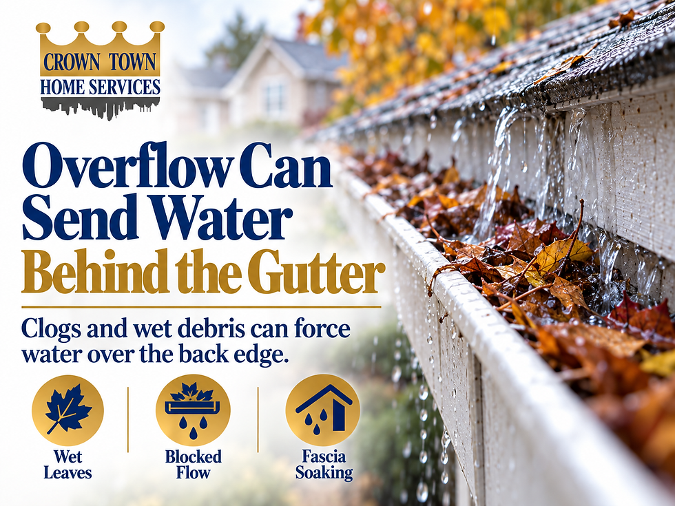 Clogged residential gutter overflowing behind the gutter and onto the fascia of a Kansas City home