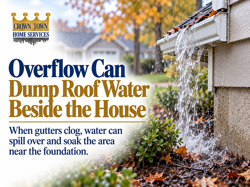 Overflowing gutter dumping rainwater next to the foundation of a Kansas City home