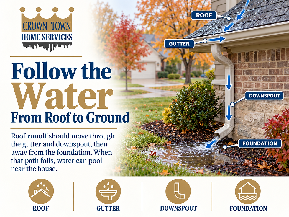 Diagram tracing rainwater from a roof through gutters and downspouts to a foundation drainage problem