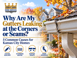 Leaking gutter corner on a Kansas City home with water dripping from a failed seam during fall rain