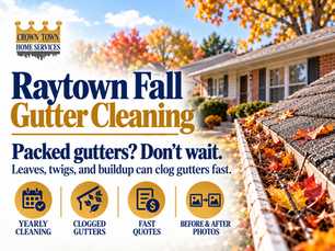 Branded Crown Town Home Services graphic for Raytown fall gutter cleaning showing a modest Raytown-style home, gutters filled with fall leaves, and text encouraging homeowners not to wait if gutters are packed.