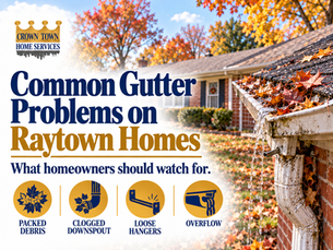 Common gutter problems on a Raytown, Missouri home, including overflow, clogged downspouts, loose hangers, and drainage issues.