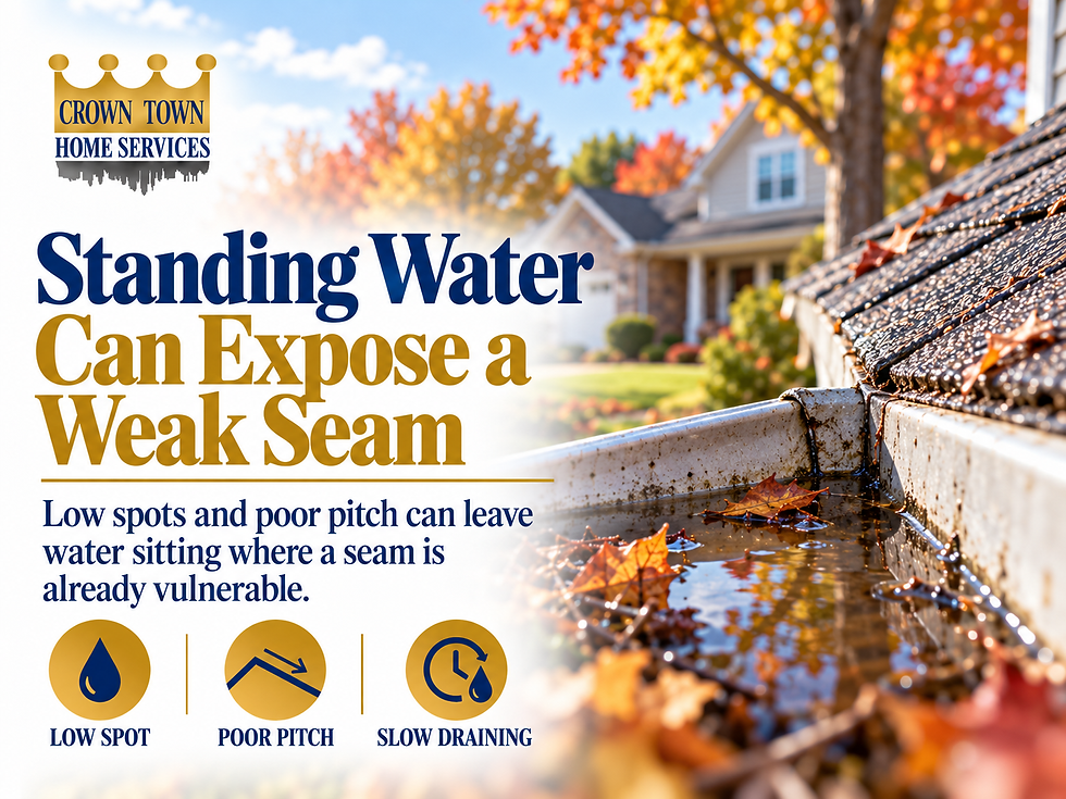 Standing water collecting near a leaking gutter seam because of poor pitch or sagging