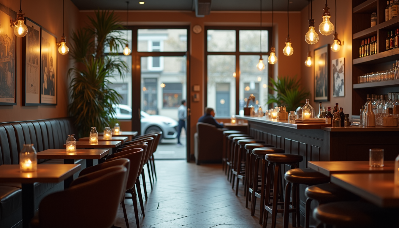 High angle view of a chic urban café with elegant décor and ambient lighting