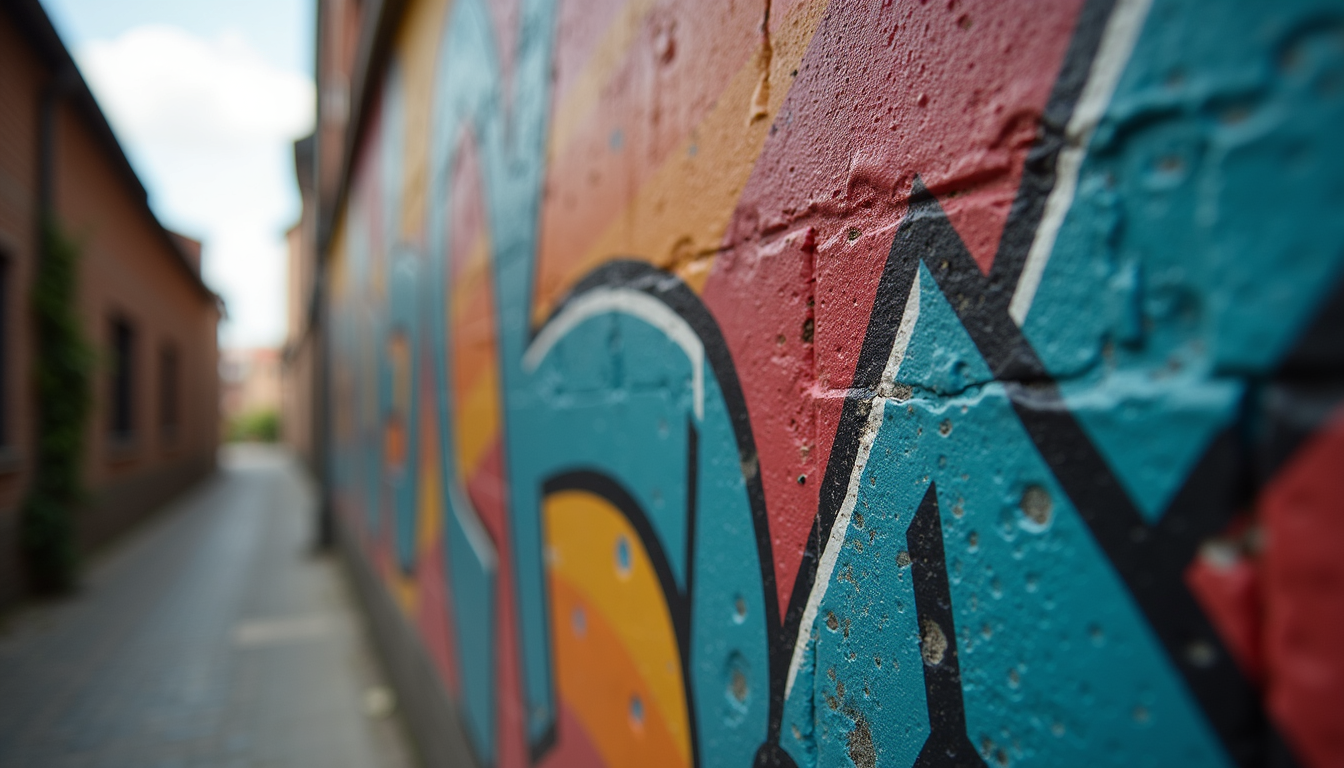 Close-up view of a street art mural on a historic building wall