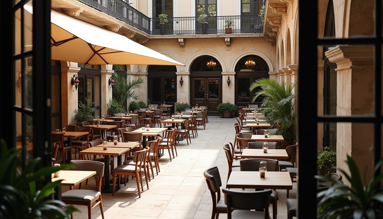 High angle view of Le Press Galleria’s courtyard with heritage architecture and modern seating