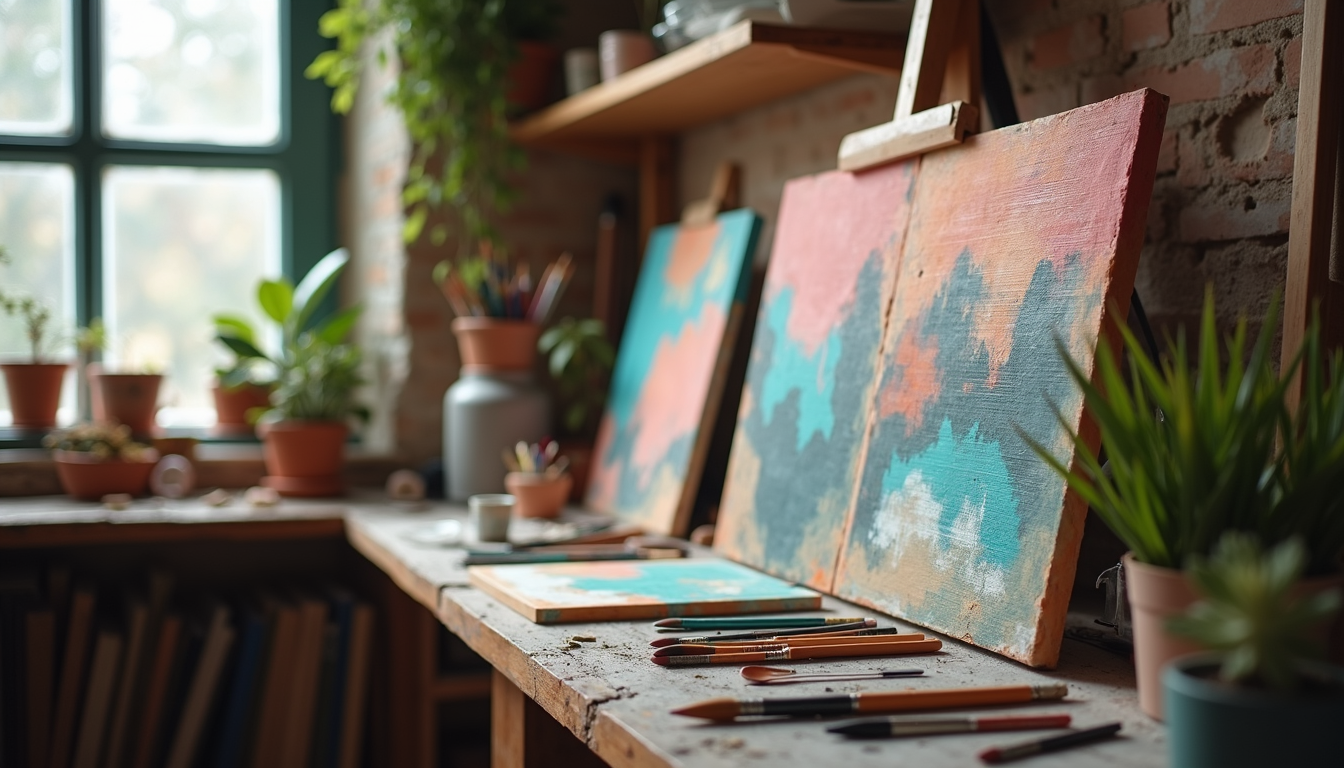 Close-up view of an artist’s studio with vibrant paintings and creative tools