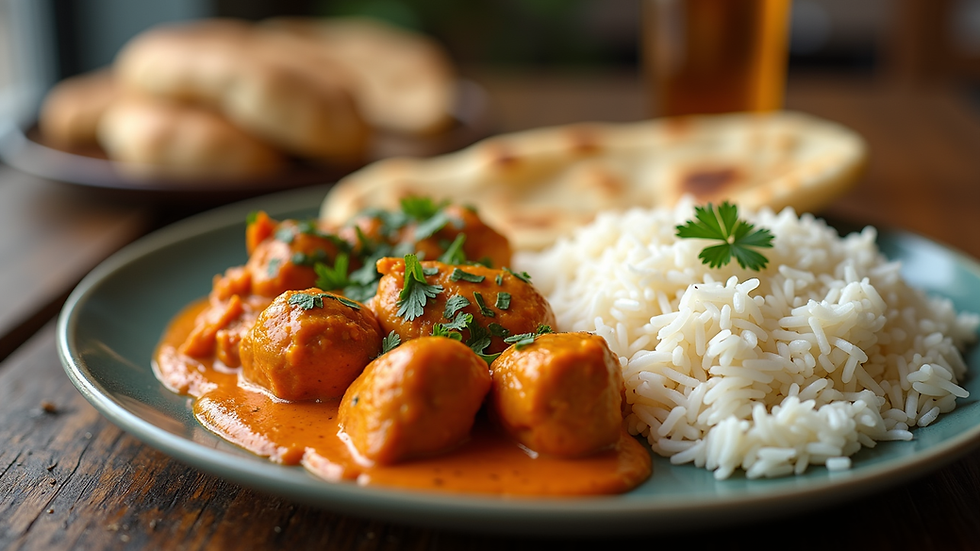 Close-up view of a plate with butter chicken, naan bread, and basmati rice