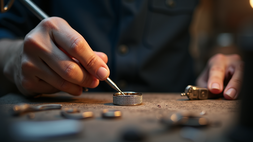 Eye-level view of a jeweler’s workshop with tools and a custom ring in progress