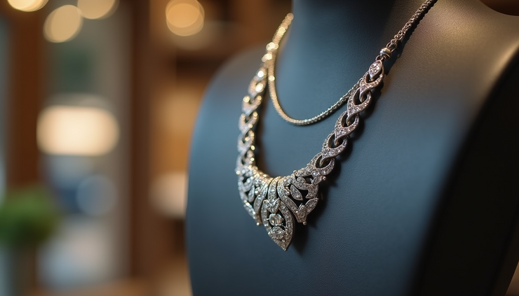Close-up view of a 925 sterling silver necklace with intricate design at Vikas Jewellers Varanasi
