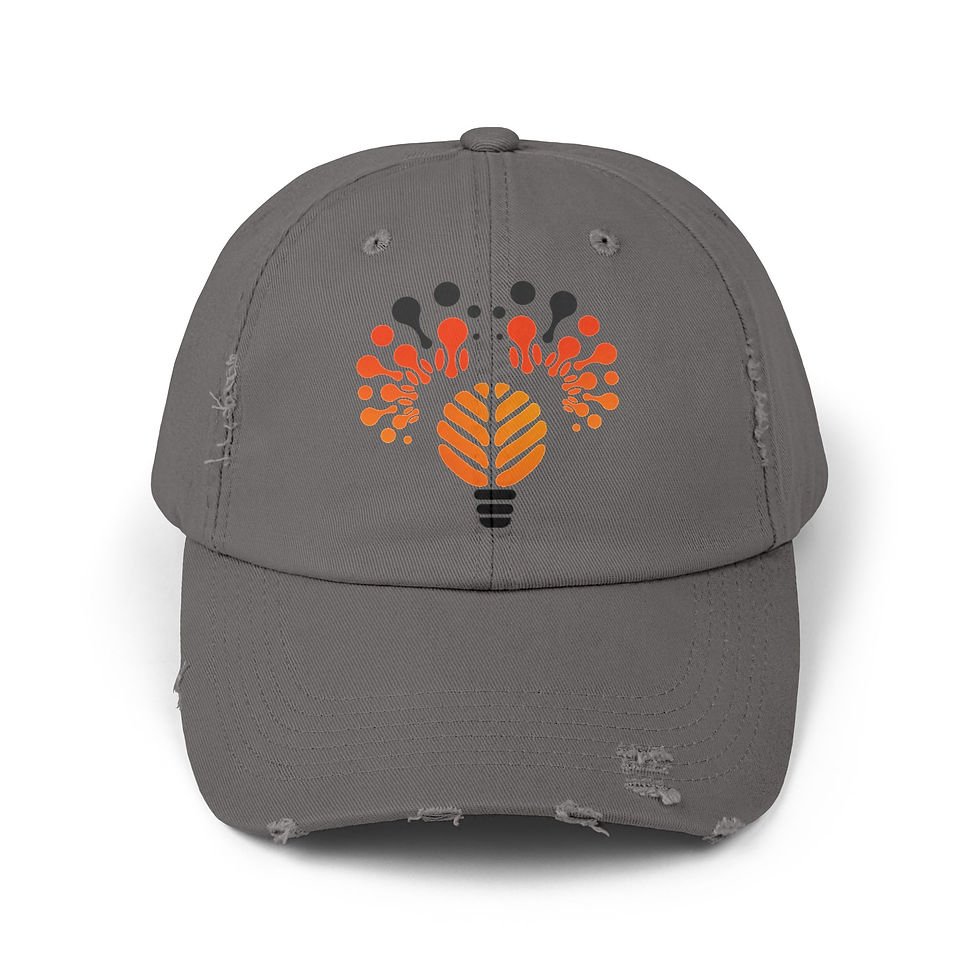 Thumbnail: Gray distressed dad hat with orange and red abstract design