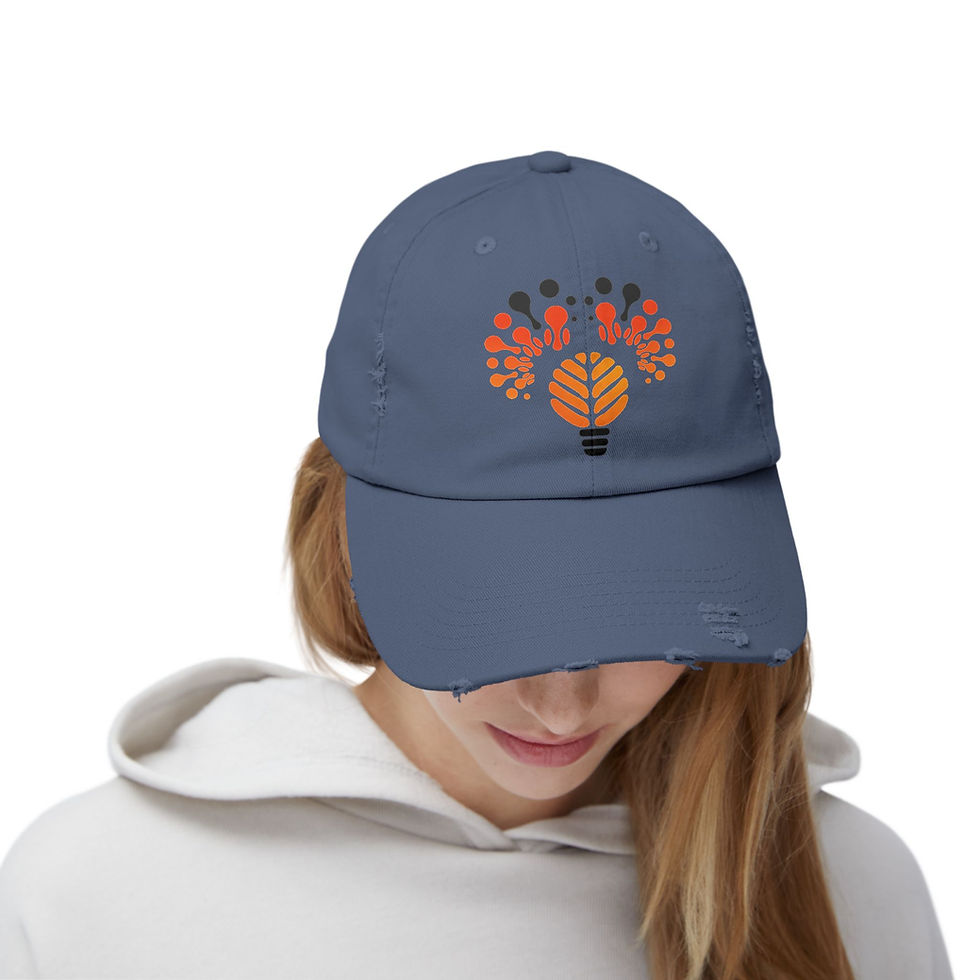 Thumbnail: Woman wearing a blue dad hat with an orange and red design
