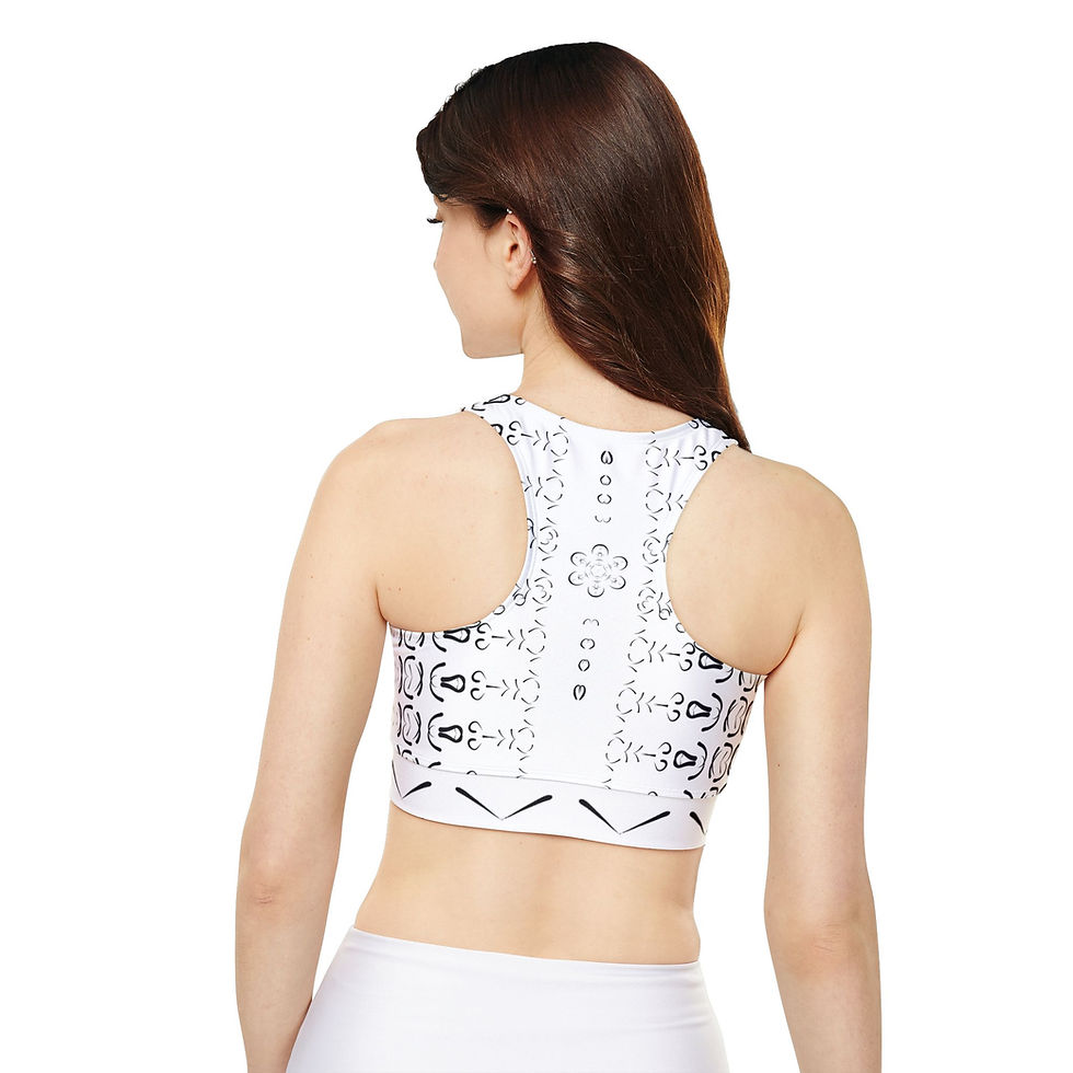 Thumbnail: Woman's back, white sports bra with gray pattern
