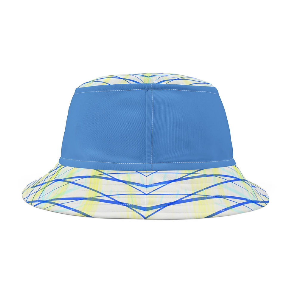 Thumbnail: Blue bucket hat with yellow and white abstract pattern