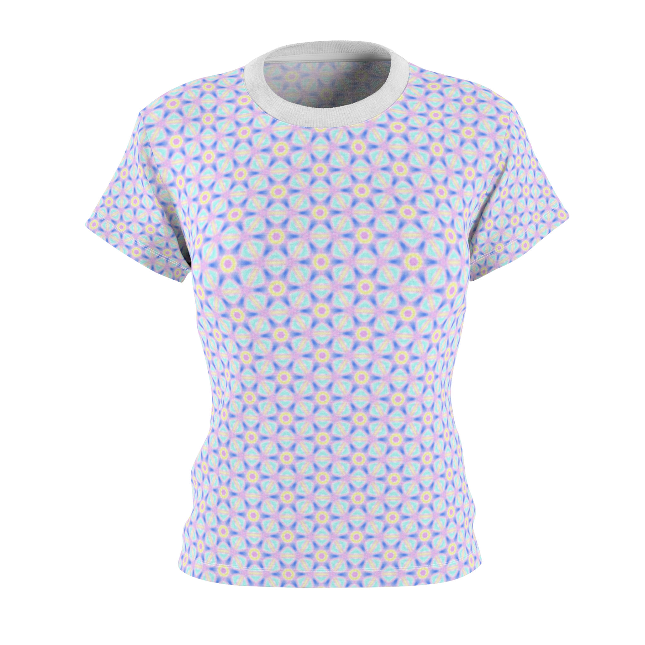 Women's light blue short-sleeve tee with geometric pattern