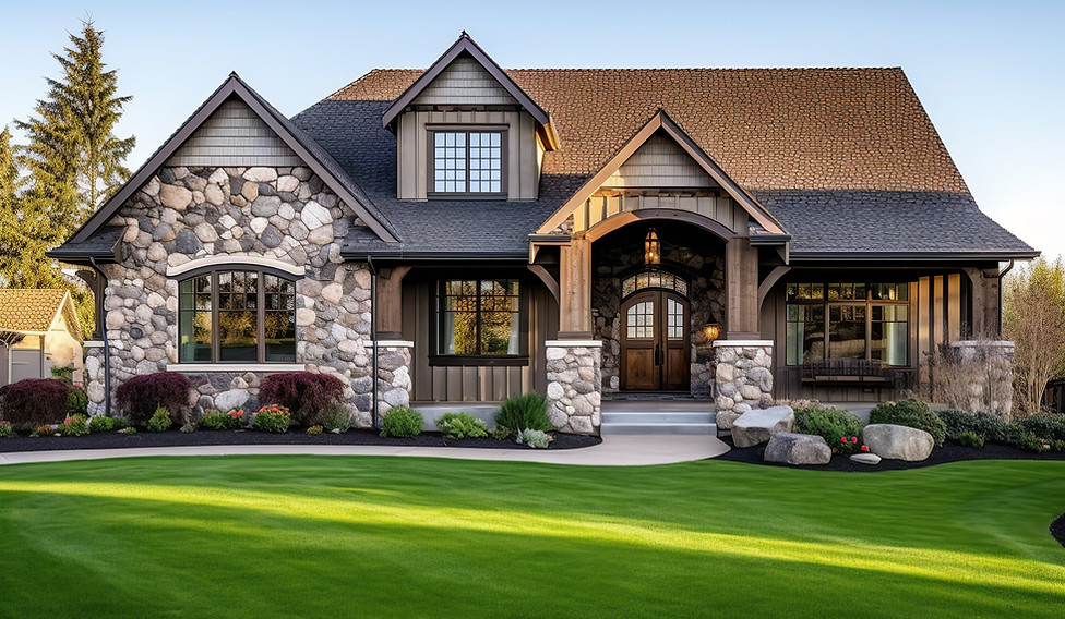 New luxury home with lush backyard, walkway to a ornate porch.