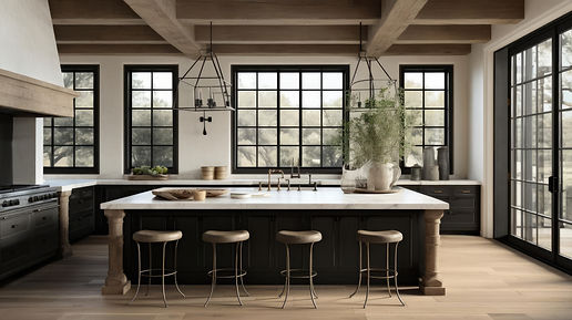 A luxury kitchen with a room full of windows