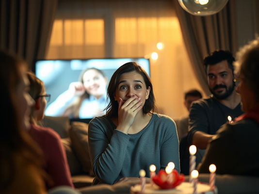Personne émue regardant une vidéo surprise d’anniversaire entourée de sa famille