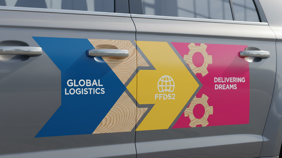 Close-up view of a vehicle door with a colorful custom decal applied