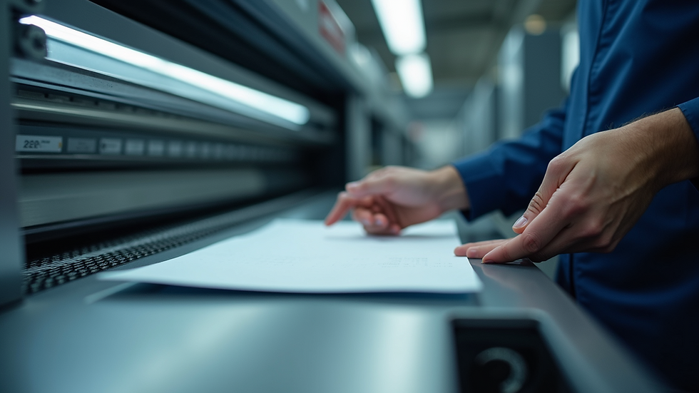 Eye-level view of a modern printing machine in operation
