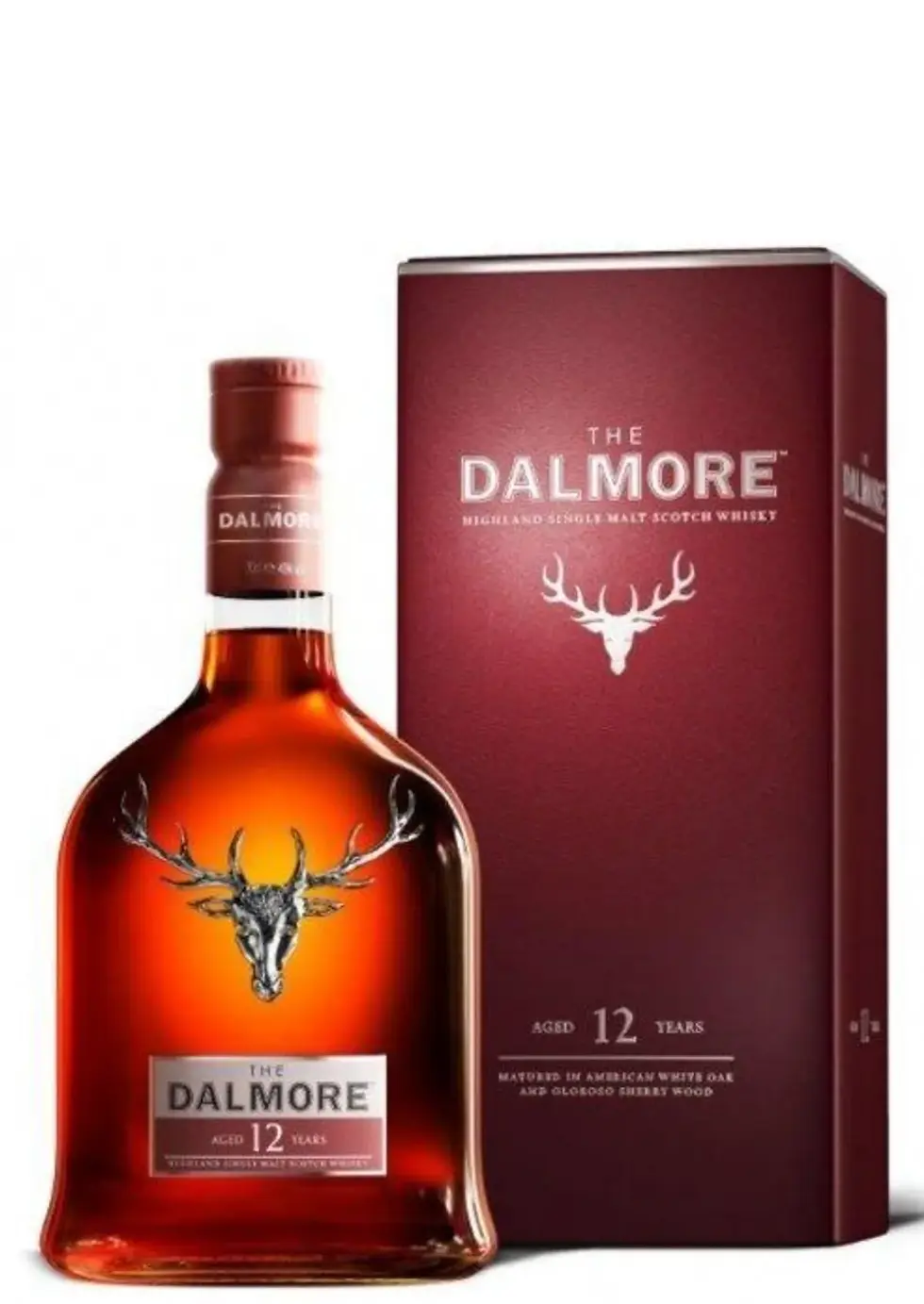 בקבוק Dalmore 12 Year Old יוקרתי עם סמל האייל על רקע מעוצב