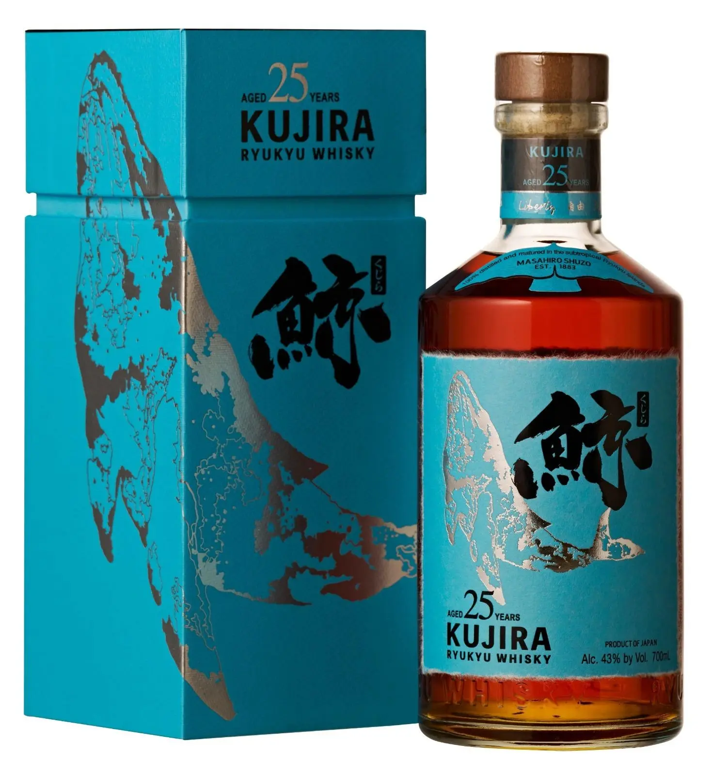 בקבוק Kujira 25 Year Old Ryukyu Whisky עתיק ויוקרתי על רקע מעוצב