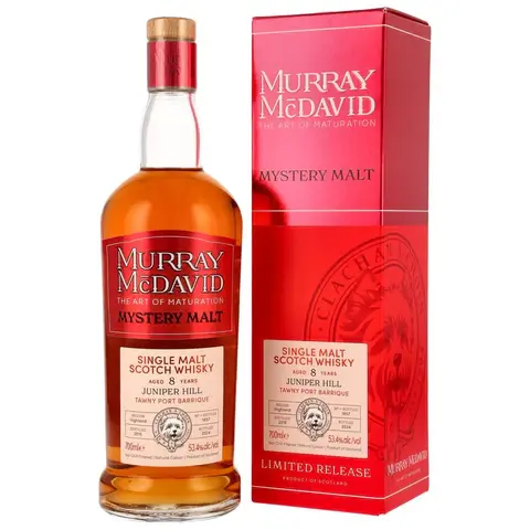 בקבוק וויסקי MURRAY MCDAVID עם הטקסט והרקע האדום סיפיל משלוחי אלכוהול