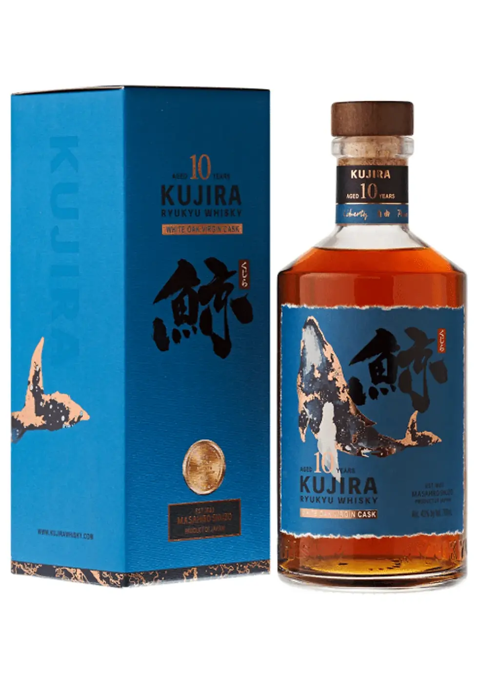 בקבוק Kujira 10 Year Old Ryukyu Whisky יוקרתי על רקע מעוצב