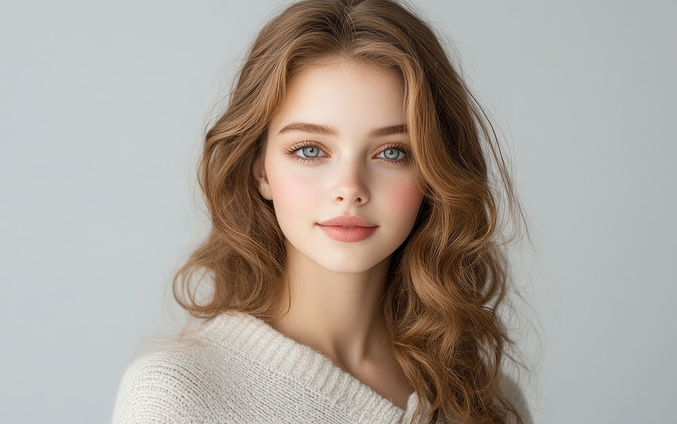 Woman with wavy brown hair and blue eyes