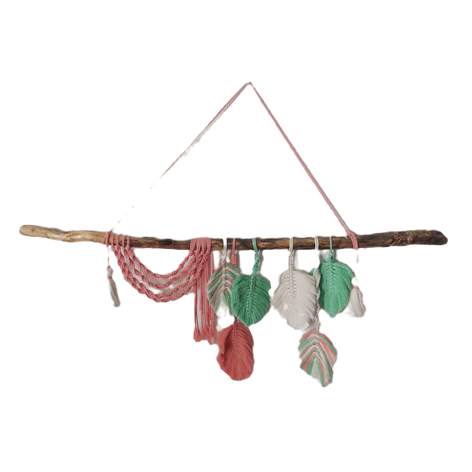 Colgante de pared con hojas de macramé y palo de ceibo